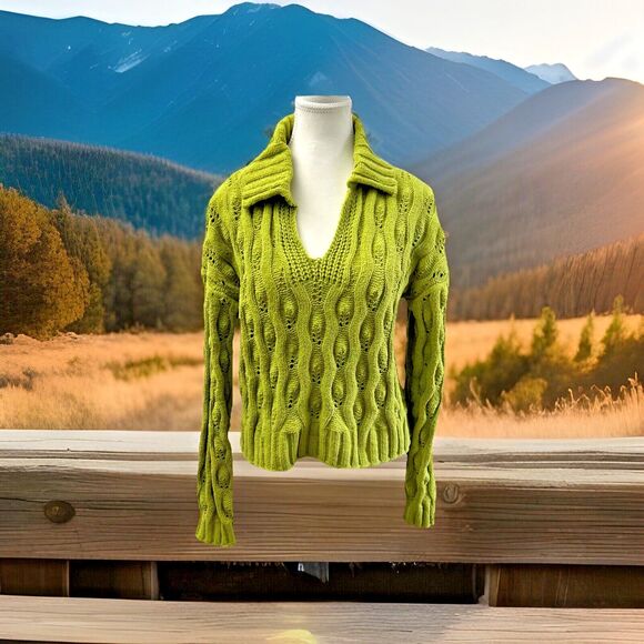 Derek Heart Lime Green V-Neck Collared Crop Sweater Open Knit - Size Small - Picture 1 of 10